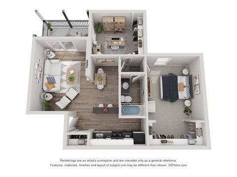 a 1 bedroom floorplan is shown in this rendering